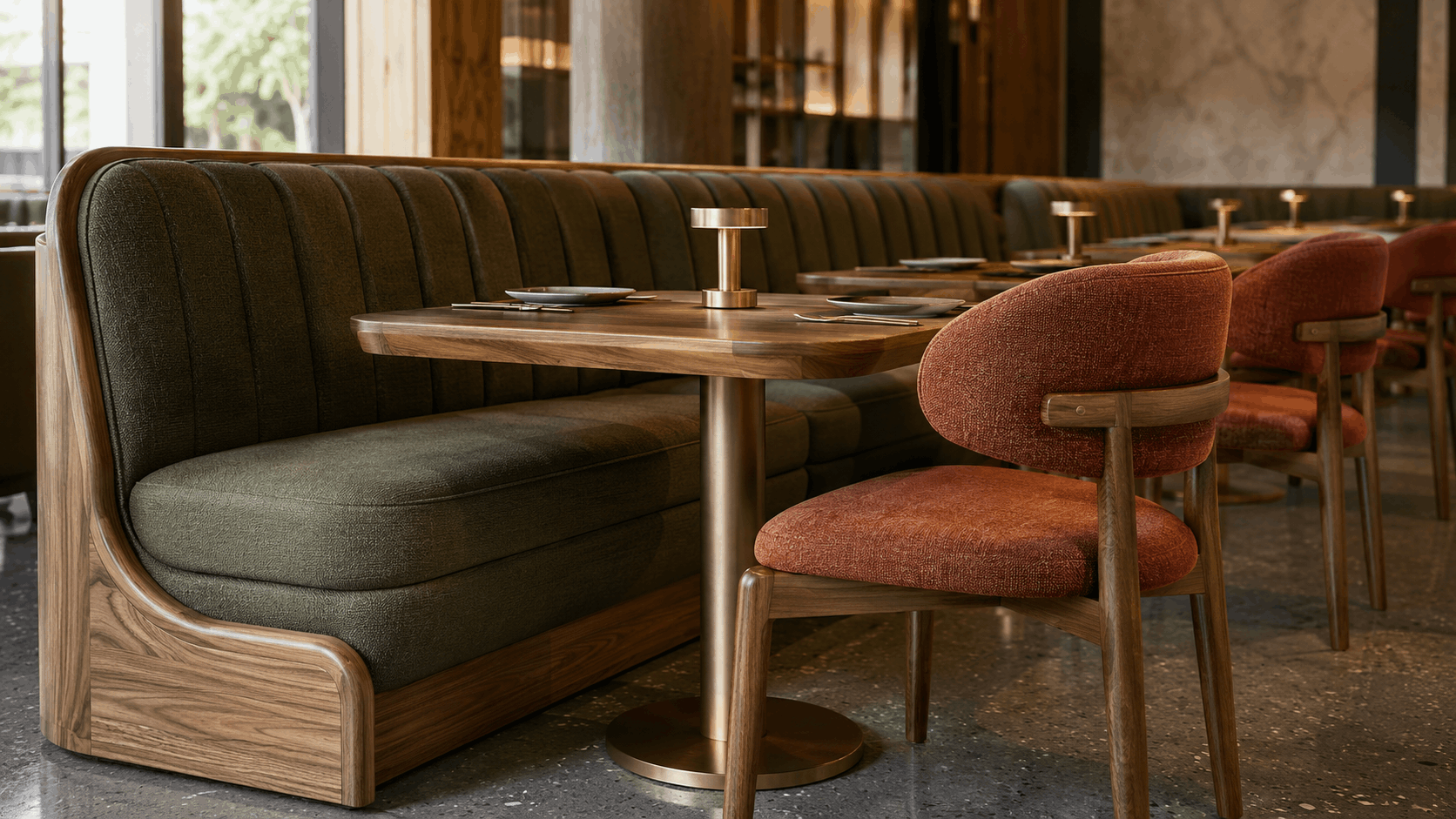 Close-up of channel-tufted booth seating, a brass-base wood table, and upholstered wood-frame dining chairs